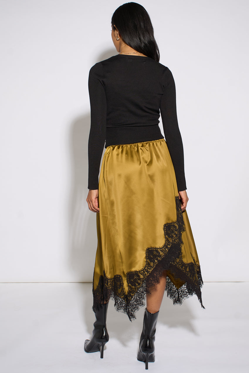 Khaki Satin Asymmetric Hem Contrast Lace Skirt GL2323