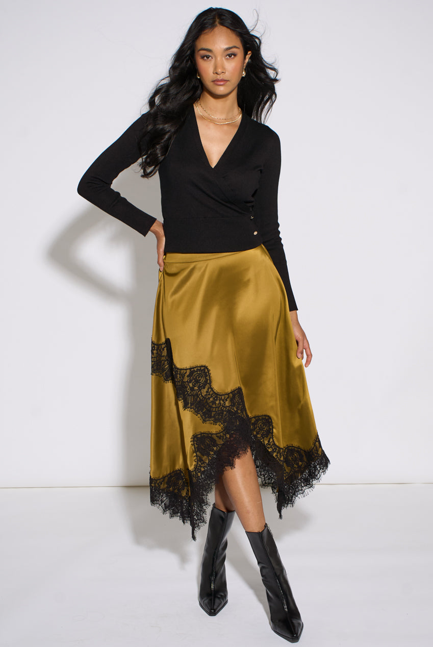 Khaki Satin Asymmetric Hem Contrast Lace Skirt GL2323