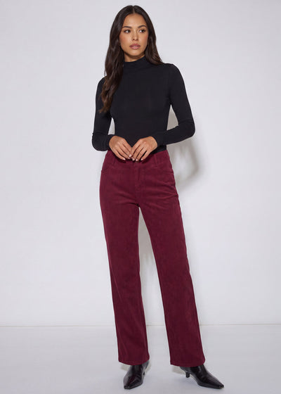 Berry - Mulberry Cord Straight Leg Trousers by Gini London