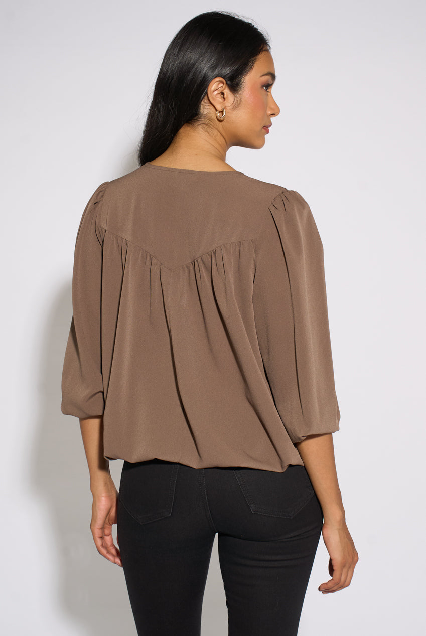 Mocha Lace Trim Bubble Hem Blouse GL2329