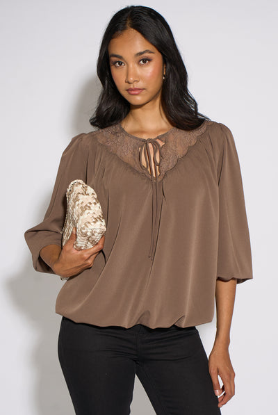 Mocha - Mocha Lace Trim Bubble Hem Blouse by Gini London