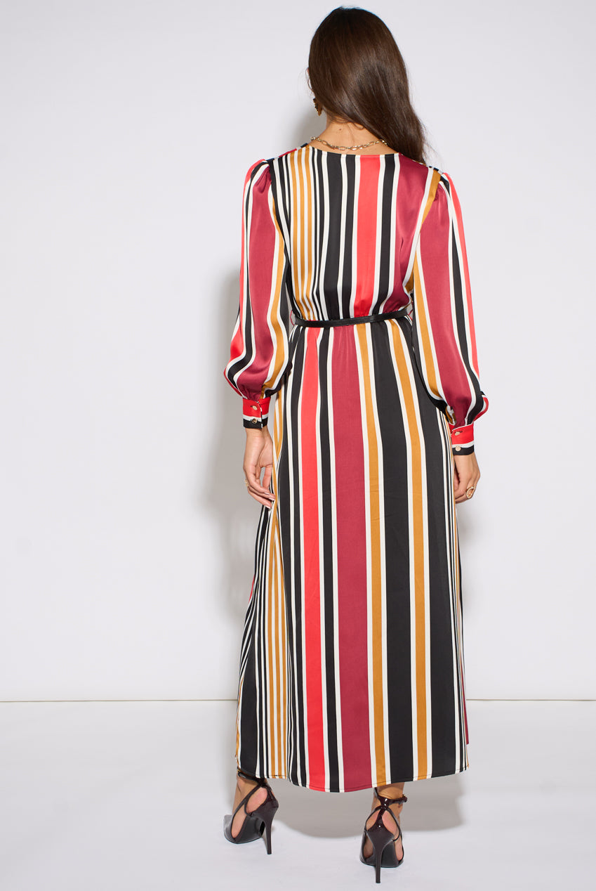 Multi Stripe Satin Wrap Midaxi Dress GL2332