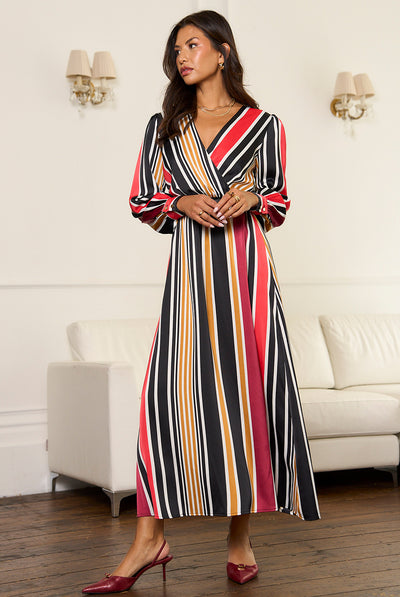 Multi - Multi Stripe Satin Wrap Midaxi Dress by Gini London