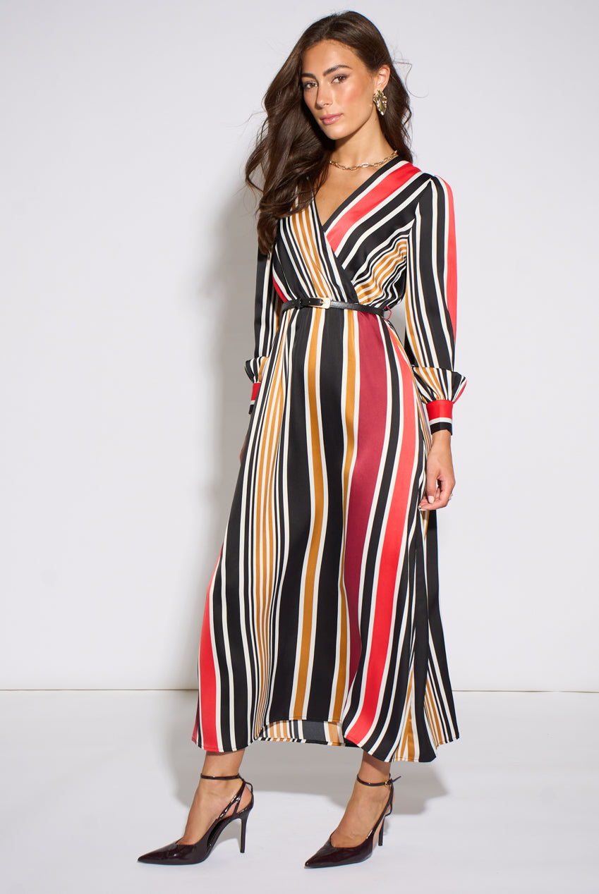 Multi Stripe Satin Wrap Midaxi Dress GL2332
