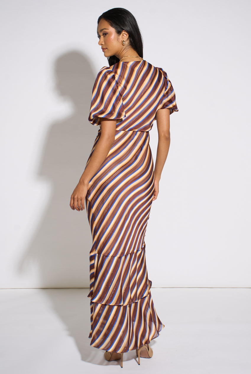 Brown Stripe Sparkle Chiffon Maxi Dress GL2333