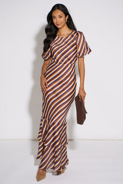 Brown - Brown Stripe Sparkle Chiffon Maxi Dress by Gini London