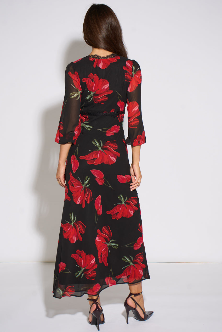 Black Base Red Bloom Lace Trim Midi Dress GL2334