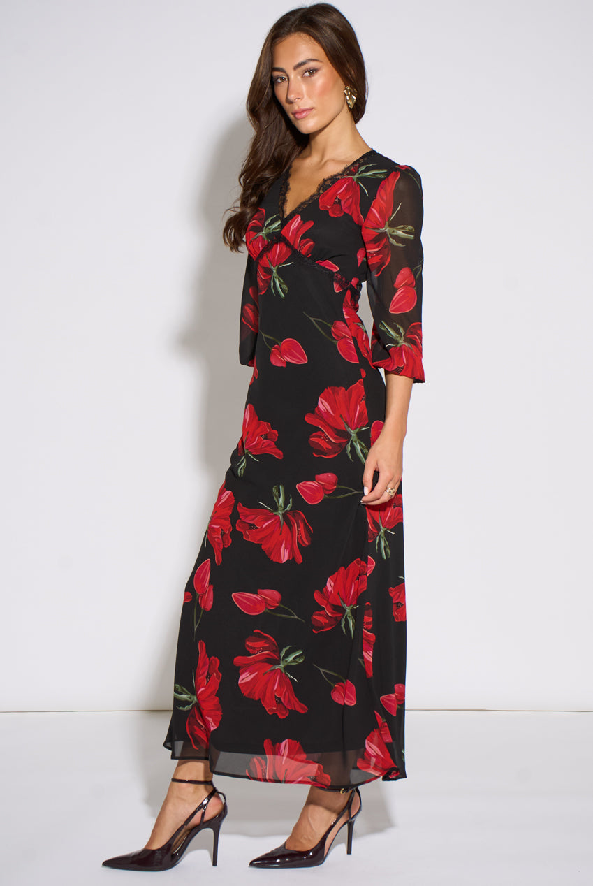 Black Base Red Bloom Lace Trim Midi Dress GL2334