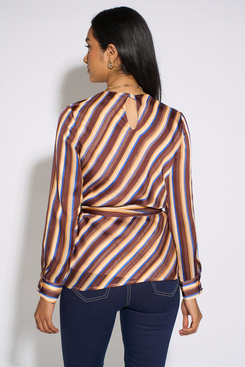 Brown Diagonal Stripe Sparkle Belted Blouse GL2335