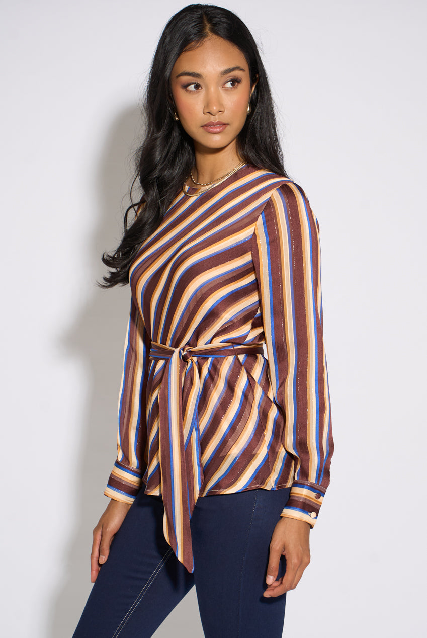 Brown Diagonal Stripe Sparkle Belted Blouse GL2335