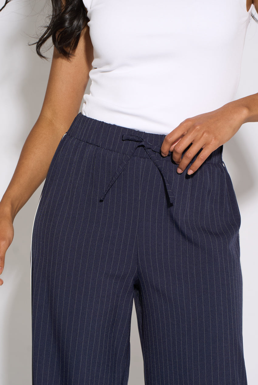 Navy Drawstring Pinstripe Wide Leg Jogger GL2336