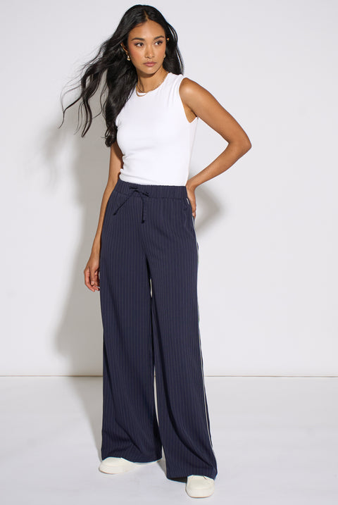 Navy Drawstring Pinstripe Wide Leg Jogger by Gini London