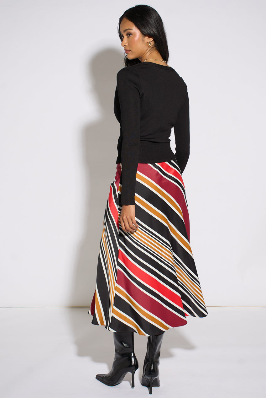 Black Stripe Satin Biased Midi Skirt GL2337