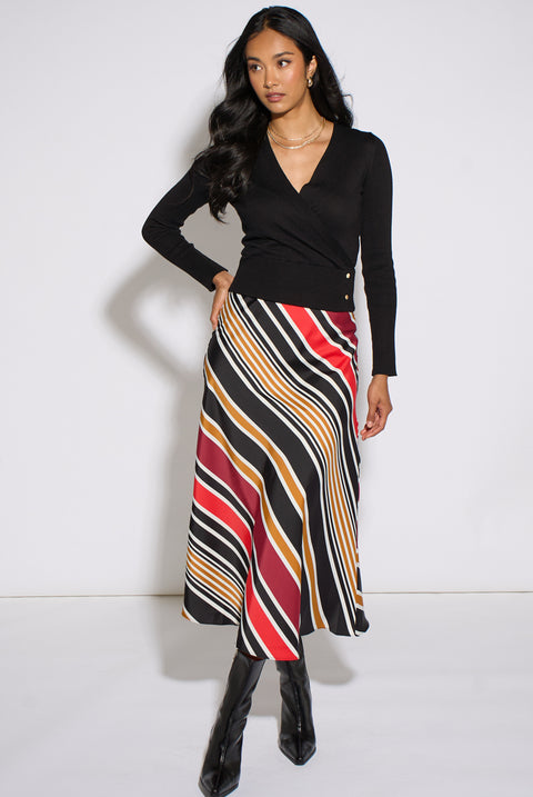 Black Stripe Satin Biased Midi Skirt by Gini London