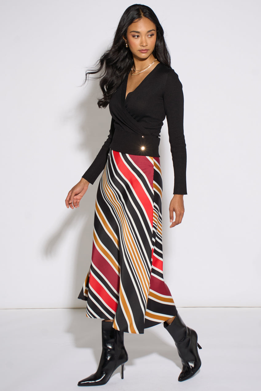Black Stripe Satin Biased Midi Skirt GL2337
