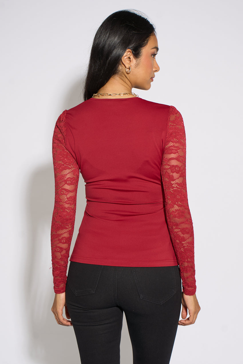 Red Lace Sleeves Jersey Wrap Front Top GL2338