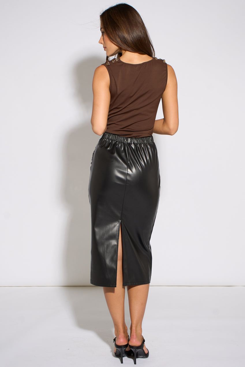 Black Faux Leather Ruched Side Pencil Skirt GL2339