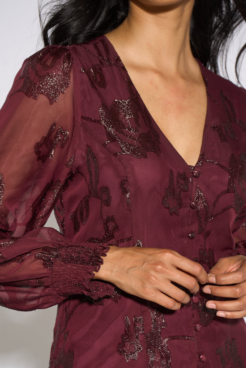 Plum Floral Sparkle Jacquard Blouse GL2340