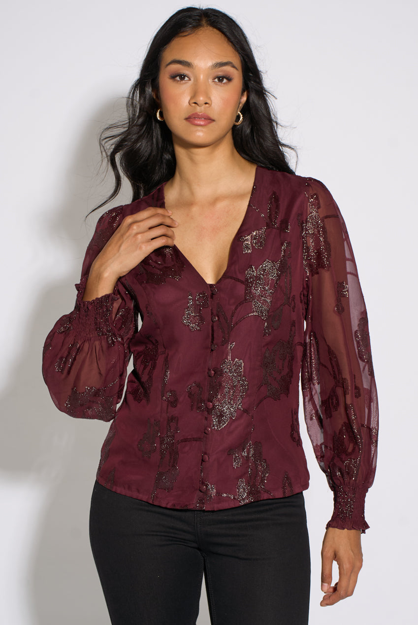 Plum Floral Sparkle Jacquard Blouse GL2340