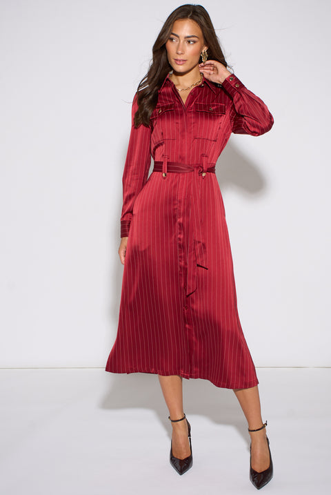 Mulberry Pinstripe Shirt Utility Belted Shirt Dress by Gini London