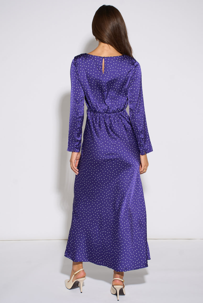 Blue Spot Long Sleeves Satin Midi Dress GL2345