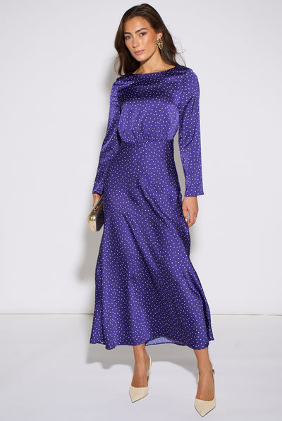 Blue - Blue Spot Long Sleeves Satin Midi Dress by Gini London