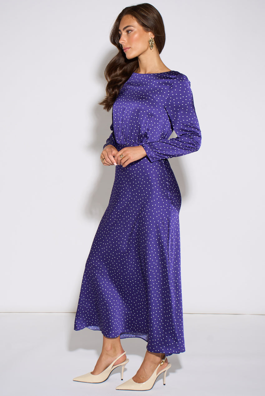 Blue Spot Long Sleeves Satin Midi Dress GL2345