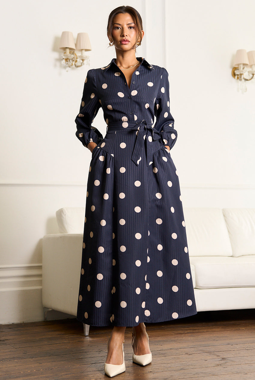 Navy Spot Jacquard Fit And Flare Dress GL2346