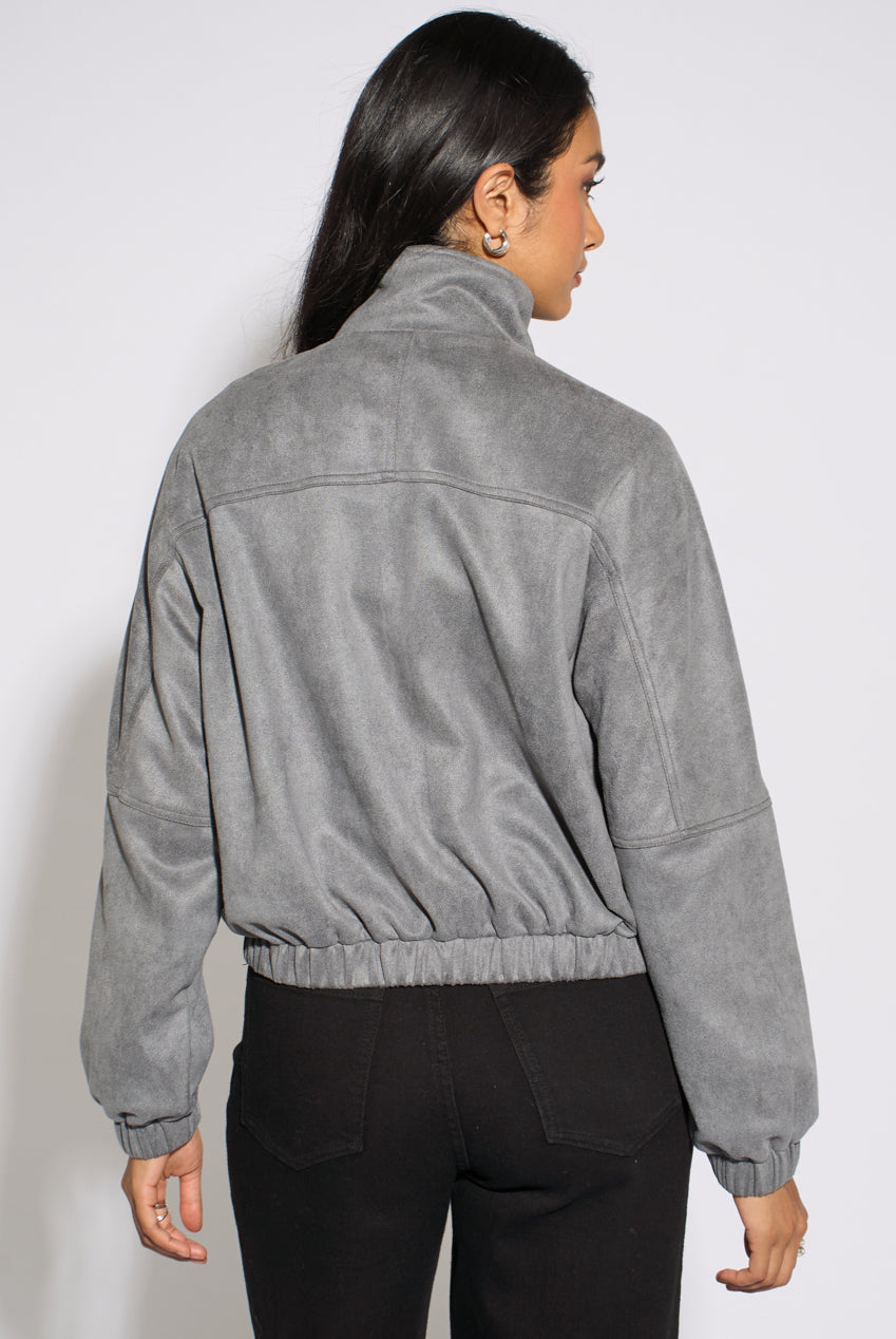 Grey Faux Suede Funnel Neck Bomber Jacket GL2348