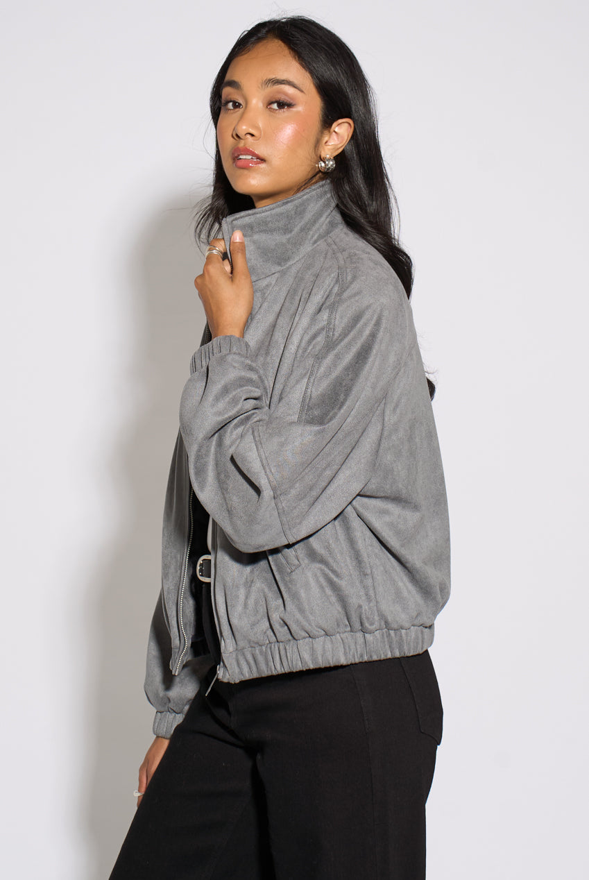 Grey Faux Suede Funnel Neck Bomber Jacket GL2348