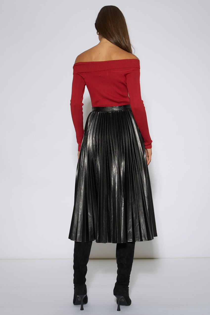 Black Pleated Faux Leather Midi Skirt GL2349