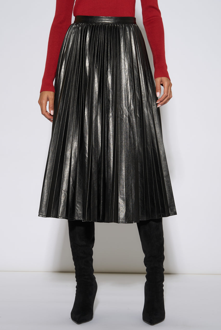 Black Pleated Faux Leather Midi Skirt GL2349