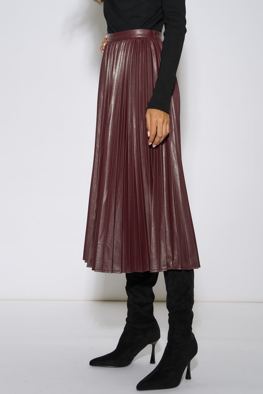 Burgundy Pleated Faux Leather Midi Skirt GL2349
