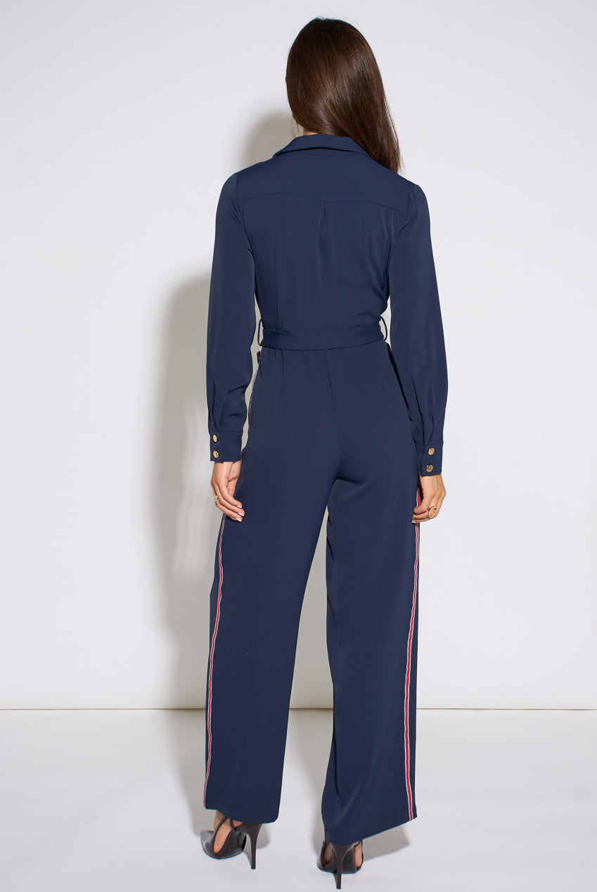 Navy Long Sleeves Side Strip Detail Jumpsuit GL2353