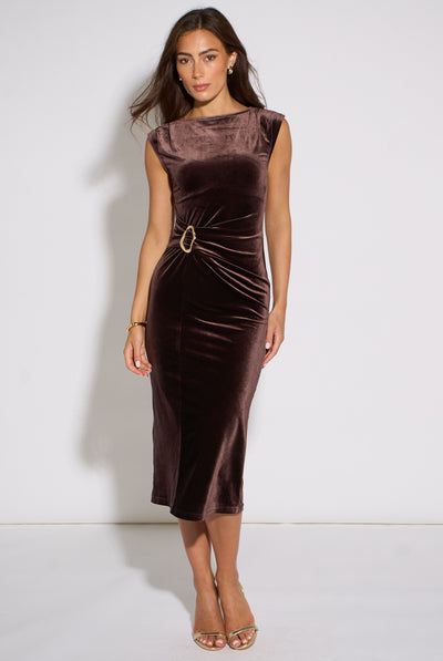 Brown - Brown Velour Hardware Midi Dress by Gini London