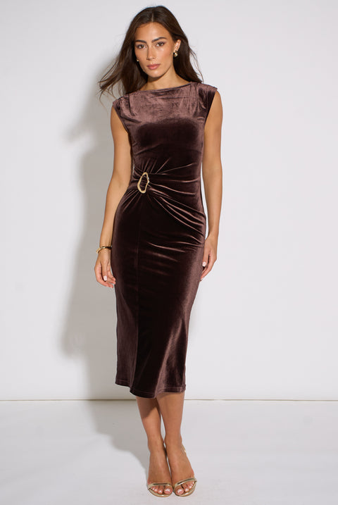 Brown Velour Hardware Midi Dress by Gini London