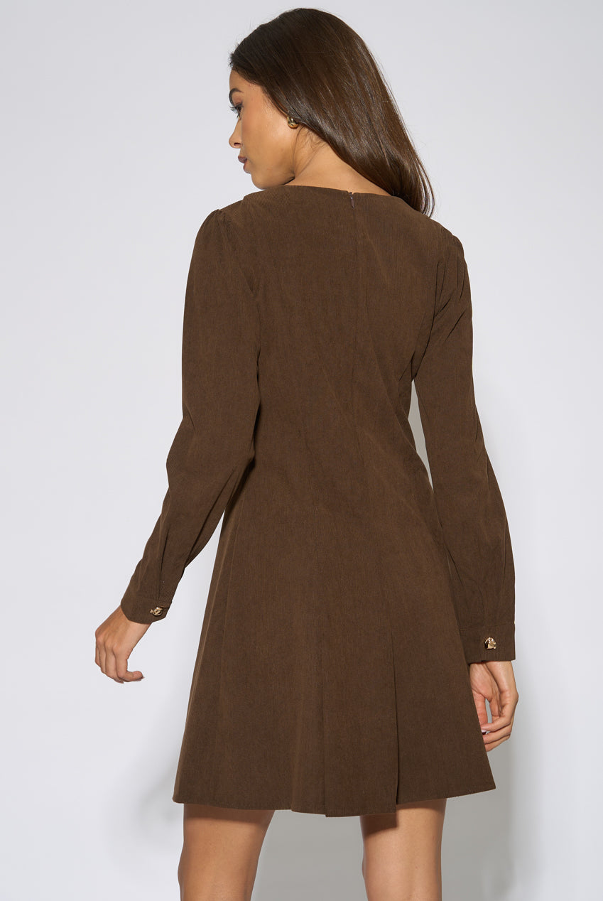 Dark Brown Gold Button Cord Mini Dress GL2355