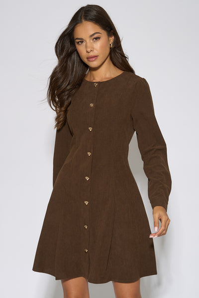 Dark Brown Gold Button Cord Mini Dress by Gini London