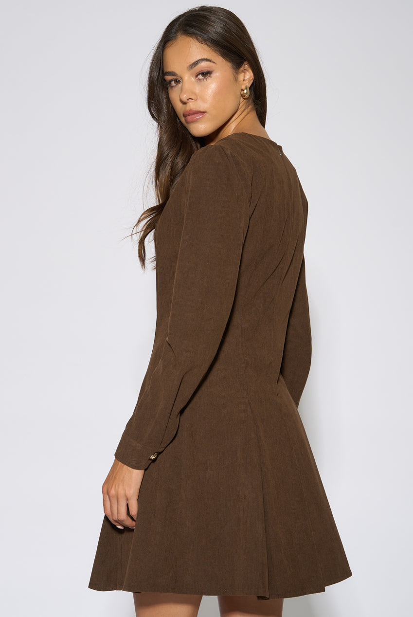 Dark Brown Gold Button Cord Mini Dress GL2355