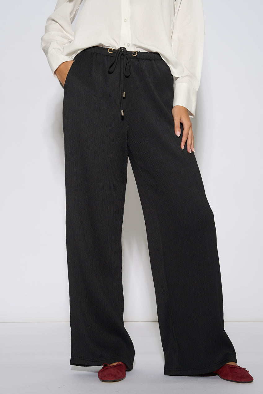 Black Textured Elasticated Waist Drawstring Trouser GL2358