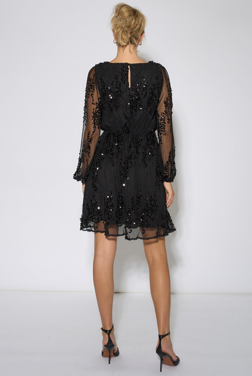 Black Sequin Floral V Neck Mini Dress GL2363