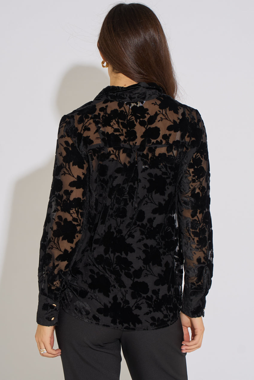 Black Floral Burnout Long Sleeve Shirt GL2364