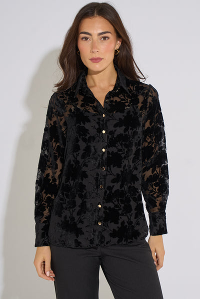 Black - Black Floral Burnout Long Sleeve Shirt by Gini London