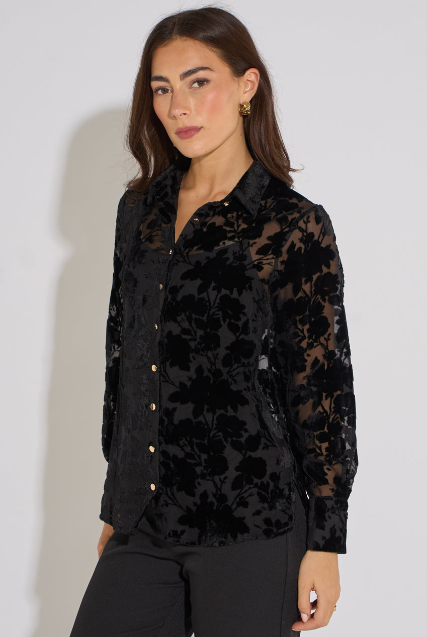 Black Floral Burnout Long Sleeve Shirt GL2364