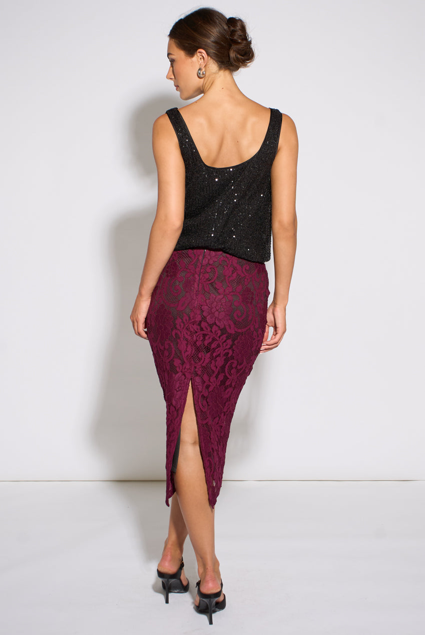 Plum Corded Lace Pencil Midi Skirt GL2367
