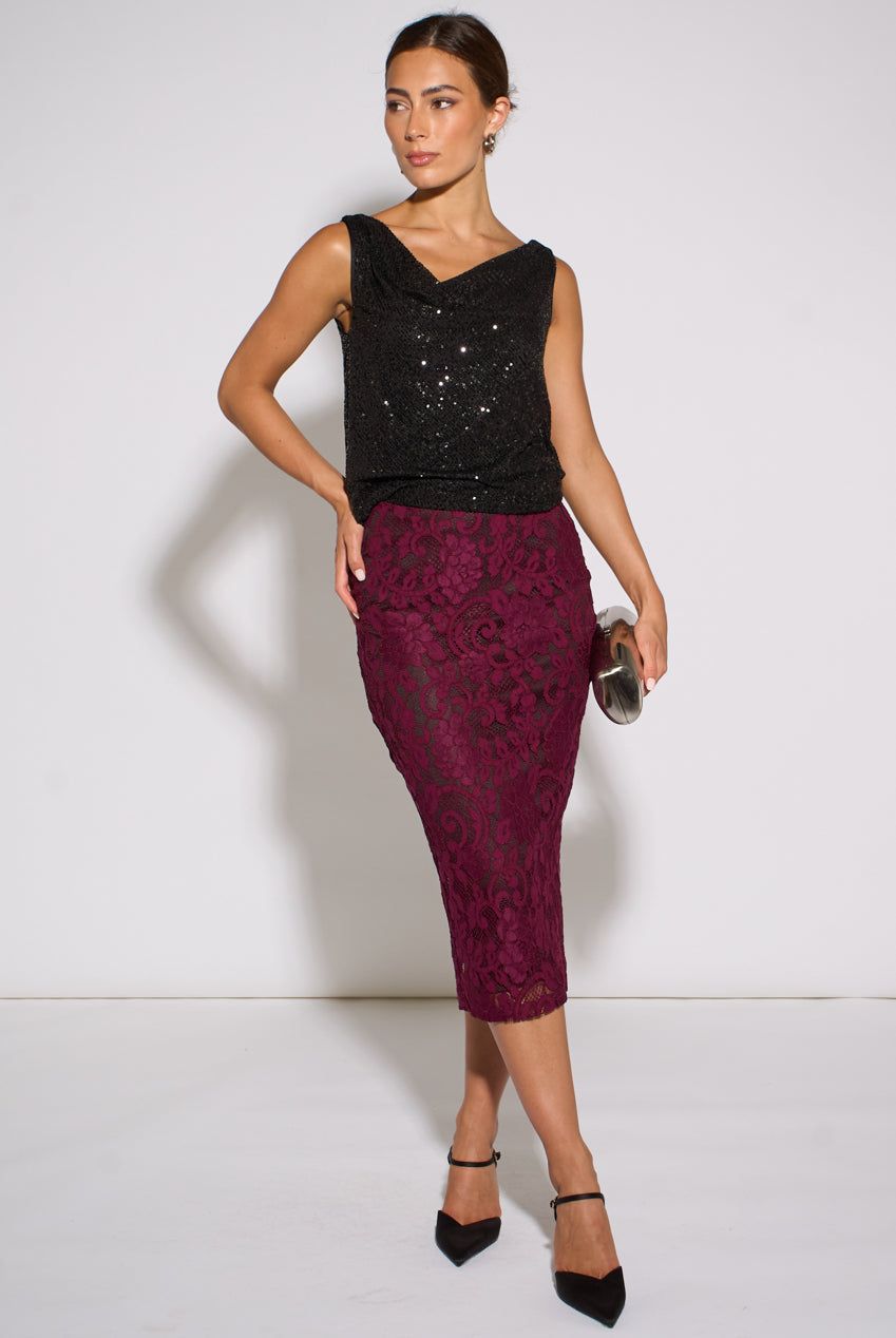 Plum Corded Lace Pencil Midi Skirt GL2367