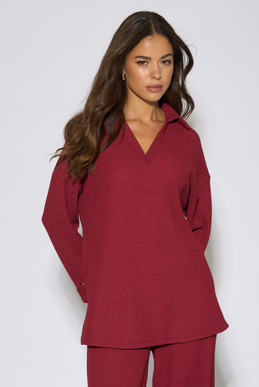Mulberry Textured V Neck Roll Up Sleeves Top GL2368