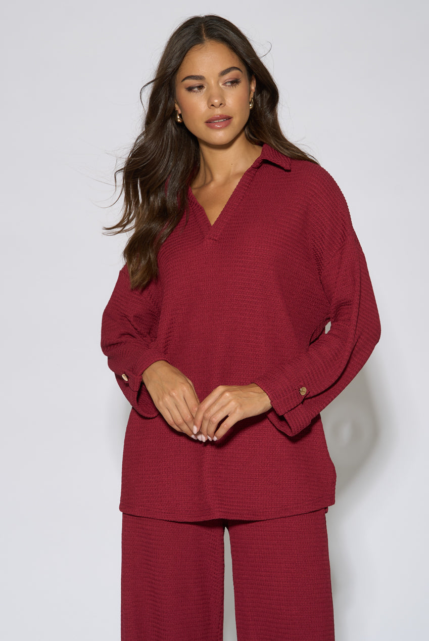 Mulberry Textured V Neck Roll Up Sleeves Top GL2368