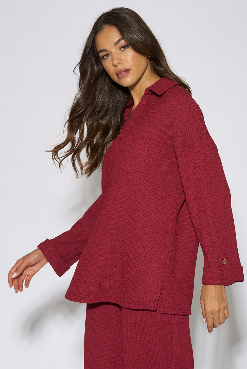 Mulberry Textured V Neck Roll Up Sleeves Top GL2368