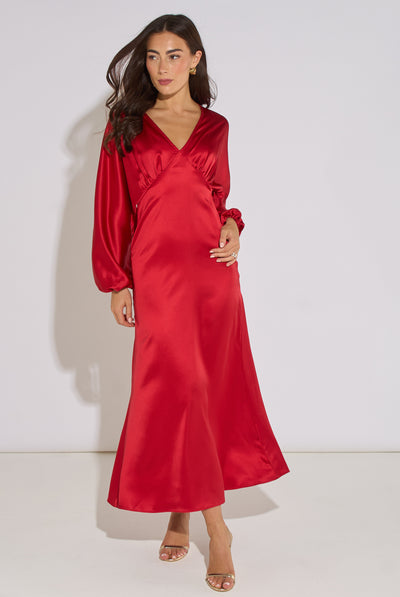 Red - Red V Neck Batwing Blouson Sleeves Satin Midaxi Dress by Gini London